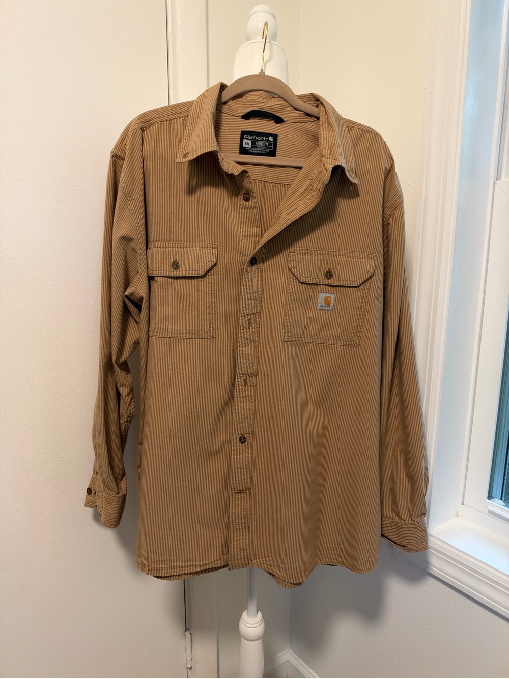 Carhartt Men’s 2XL Loose Fit Striped Button Up Work Shirt Tan Brown